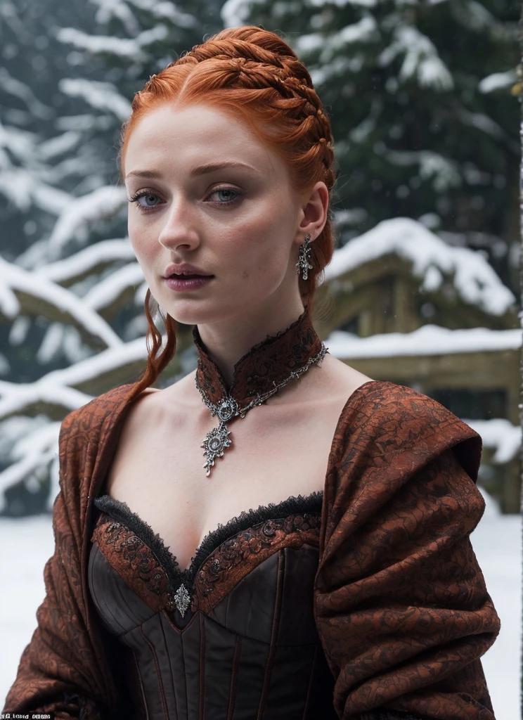 Face of Sophie Turner, Sansa Stark played by Sophie Turner, the de facto Lady of the Eyrie, is a 40-year-old mature queen with a stunning, alluring appearance. Full Face, pierced eyes, reddish lips, upper body shot, erotic Mediaeval costumes, game of thrones costumes, She wears a Game of Thrones-inspired costume and has a deep cleavage, a perfect thick body, and a perfect thick figure. The photograph captures her in a close-up, with her skin texture and facial features being ultra-realistic and realistic. Juicy thick figure, high quality skin, Skin pores, amazing details, snow, snow flakes, semi realistic, extremely detailed eyes, dark moody orange and black settings, cool environment, artificial intelligence