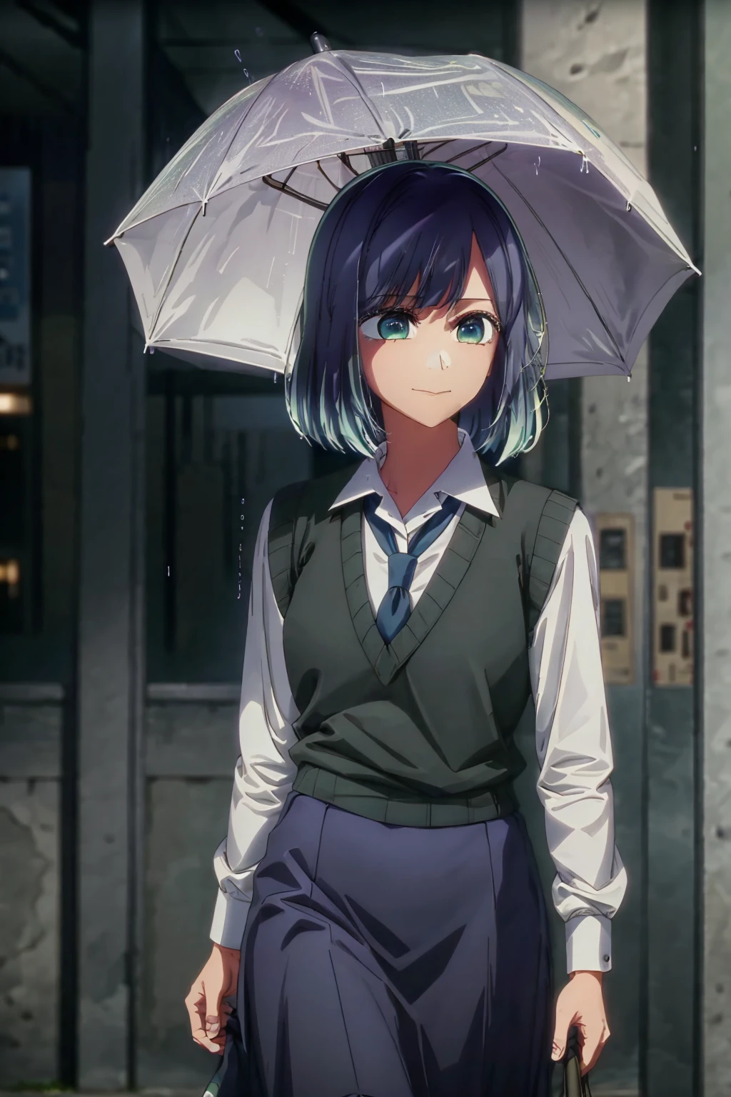 best quality, masterpiece, 1 girl, alone, beautiful, detailed eyes, shirt, blue tie, blue hair, white shirt, long sleeves, medium hair, collared shirt, vest, indoors, , bangs, vest, closed mouth , smile, green eyes, multicolored hair, black vest, short hair, faded hair, blue eyes, skirt, walking down the street, in the rain, holding her umbrella