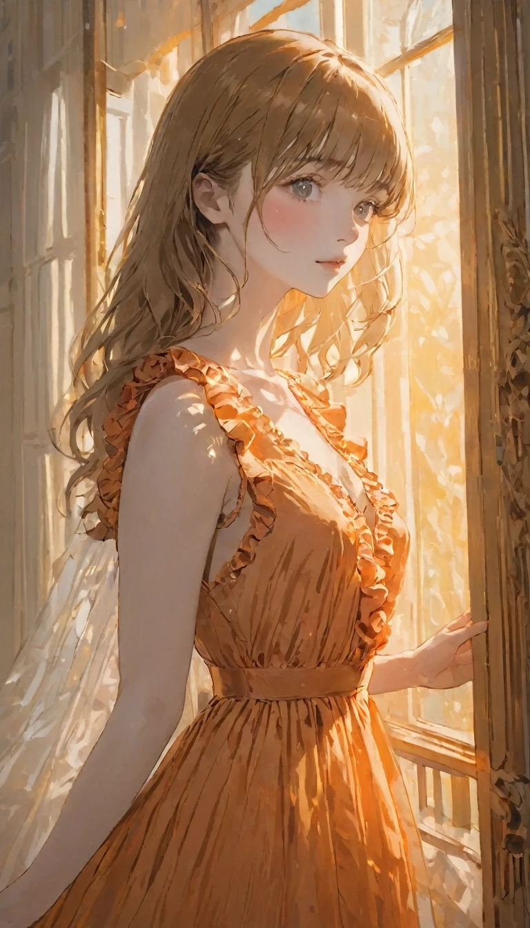 (Highest quality, masterpiece), One beautiful French woman, Intricate details, Frills, See through, Show Viewer, Sunlight from the window, blush, bangs, Are standing, Upper Body,Orange dress、The background is orange