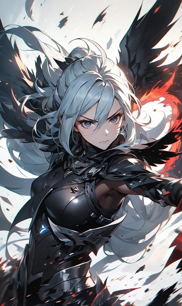 1girl, solo, anime, anime girl,((masterpiece)), HDR, 8k, photogenic, trending on artstation, ((ultra-detailed)), ((best quality)), ((intricate details)), white hair, black wings, from arknights, middle shot of a female anime hero, artgerm and atey ghailan, arknights, in combat, dynamic, dynamic pose, dynamic composition, attack, fate grand order, anime style like fate/stay night, senti, black eyes, white hair, poinytail, mature, (anger, tsurime:1.33), cursed armor, high tech armor, black armor, stealthtech ,scifi ,cutting edge , sleek angular, flames, destruction, world on fire, apocalyptic mass destruction