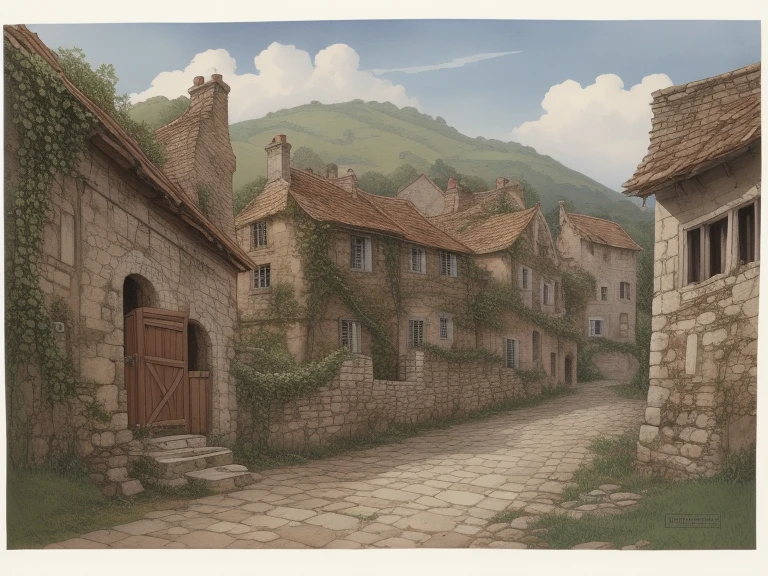 dilapidated village, Illustration by Lin Claire, cobblestone, Crumbling buildings, vines