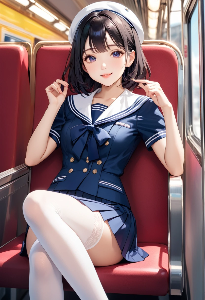 Highest quality、High resolution、Detailed Background、Beautiful face in every detail、Teenage beauty、Perfect body line、Long black hair、Shiny navy blue sailor suit、White sailor collar、Navy blue pleated skirt、White Stockings、on the train、Sitting in a chair、Looking at me with a happy expression、Panty Shot、Cute gestures、so beautiful