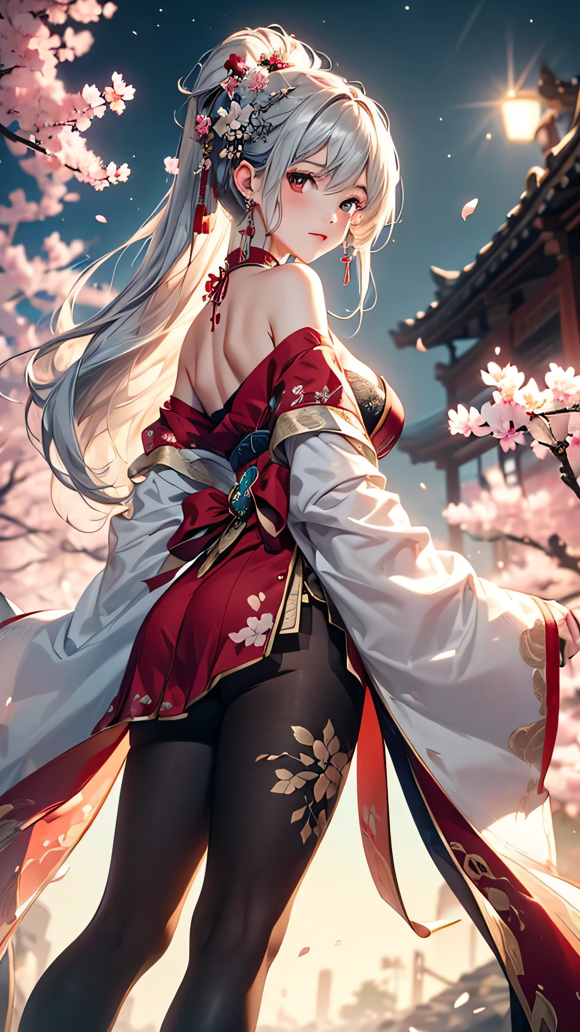 (masterpiece:1.5, Highest quality, Very detailed、 Dutch Angle、Semi-realistic、Fantasy)(One Girl, alone)(Silver Hair:1.4,,Straight Long Hair)(Wearing Han clothes, Royalty、White and red Hanfu:1.6,Thick fabric,Long sleeve)、((Off the shoulder、medium breasts, Beautiful cleavage、ruby ​​necklace))((Above the knee tights))(from backside,cherry blossoms、dead tree、Mystical Night、Particles of light float around the woman、Fantasyのためのスペース)
