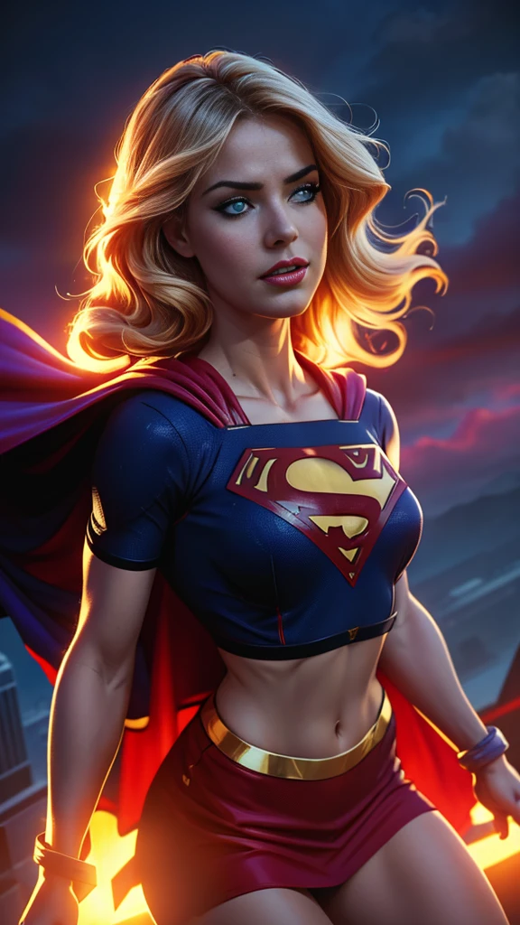 uma supergirl voando no céu, traje revelador, pose sensual, rosto e olhos detalhados, 1 garota, fotorrealista, Ultra-detalhado, 8K, alta qualidade, iluminação dramática, cores vibrantes, composição cinematográfica, Heróico, poderoso