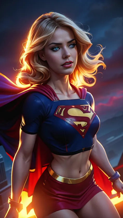 a supergirl flying in the sky, revealing costume, sensual pose, detailed face and eyes, 1girl, photorealistic, ultra-detailed, 8...