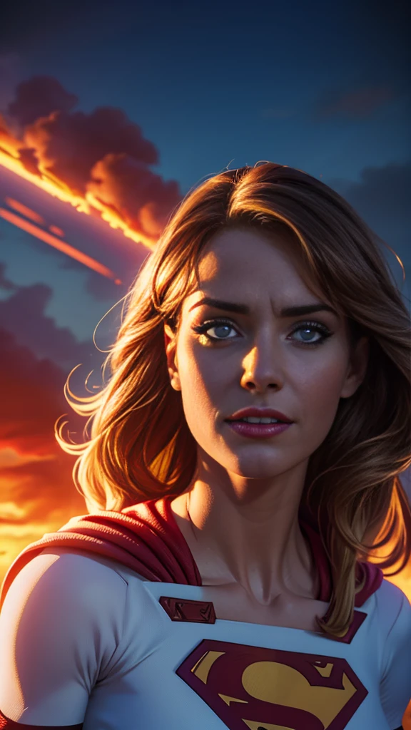 a supergirl flying in the sky, revealing costume, sensual pose, detailed face and eyes, 1girl, photorealistic, ultra-detailed, 8k, high quality, dramatic lighting, vibrant colors, cinematic composition, heroic, powerful