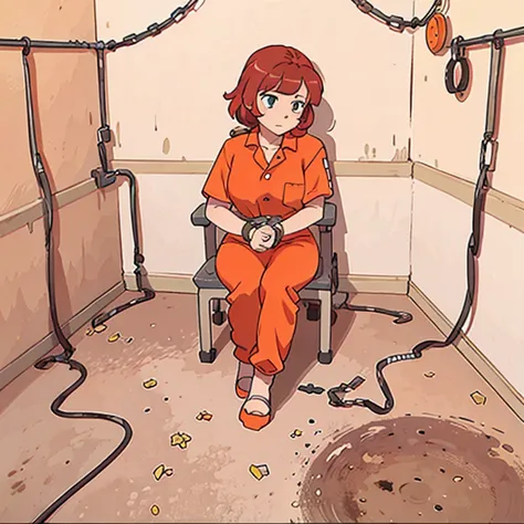 anime girl characters in orange prison uniforms standing in front of a jail cell, in a prison cell, in prison, anime, in jail, q...
