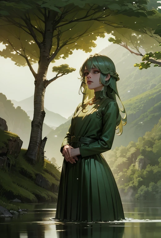 長い髪の美しい女の子, 大きな目, wearing an エレガント dress, standing in front of a lush green mountain landscape with a 穏やかな lake, (最高品質,4k,8K,高解像度,傑作:1.2),非常に詳細な,(現実的,photo現実的,photo-現実的:1.37),非常に詳細な顔と目,長いまつ毛,美しい細部までこだわった目,美しい唇のディテール,緑の山々,緑の水,複雑なドレス,ドラマチックな照明,映画のような,ハイファッション,エレガント,穏やかな