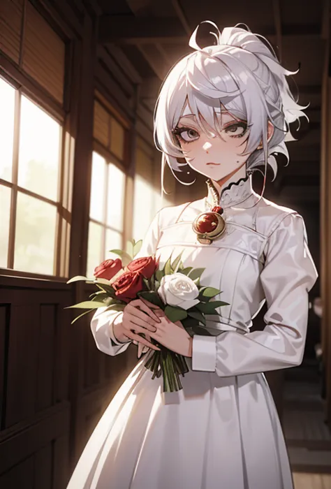 There is a woman in a white dress with a red rose in her hair, anime Disguise, anime girl Disguise, Disguise photo, Anime style ...