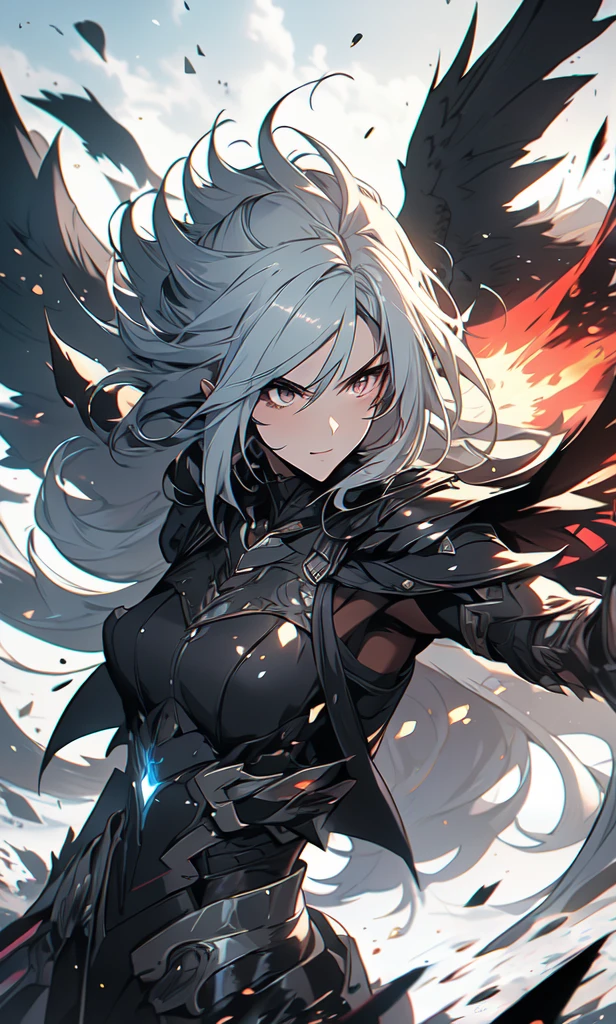 1girl, solo, anime, anime girl,((masterpiece)), HDR, 8k, photogenic, trending on artstation, ((ultra-detailed)), ((best quality)), ((intricate details)), white hair, black wings, from arknights, middle shot of a female anime hero, artgerm and atey ghailan, arknights, in combat, dynamic, dynamic pose, dynamic composition, attack, fate grand order, anime style like fate/stay night, senti, black eyes, white hair, poinytail, mature, (anger, tsurime:1.33), cursed armor, high tech armor, black armor, stealthtech ,scifi ,cutting edge , sleek angular, flames, destruction, world on fire, apocalyptic mass destruction