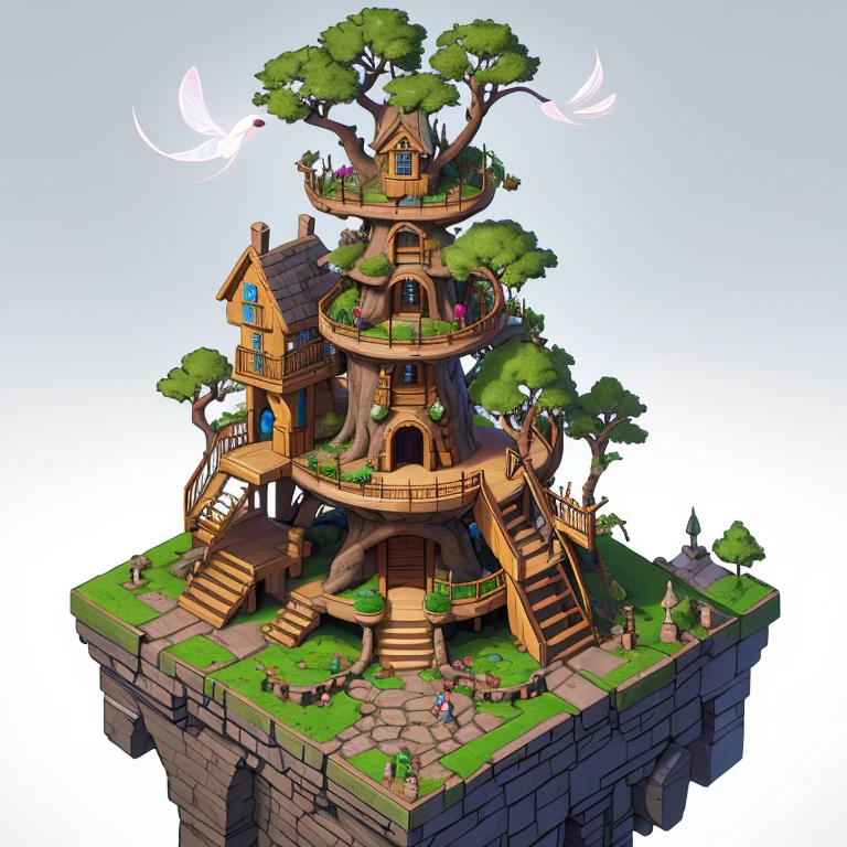 isometric view of an elf treehouse with spiral staircases and ethereal decor, Thumbnail || masterpiece, 8 k, A high resolution, shallow depth of field, sharp focus, incredible detail