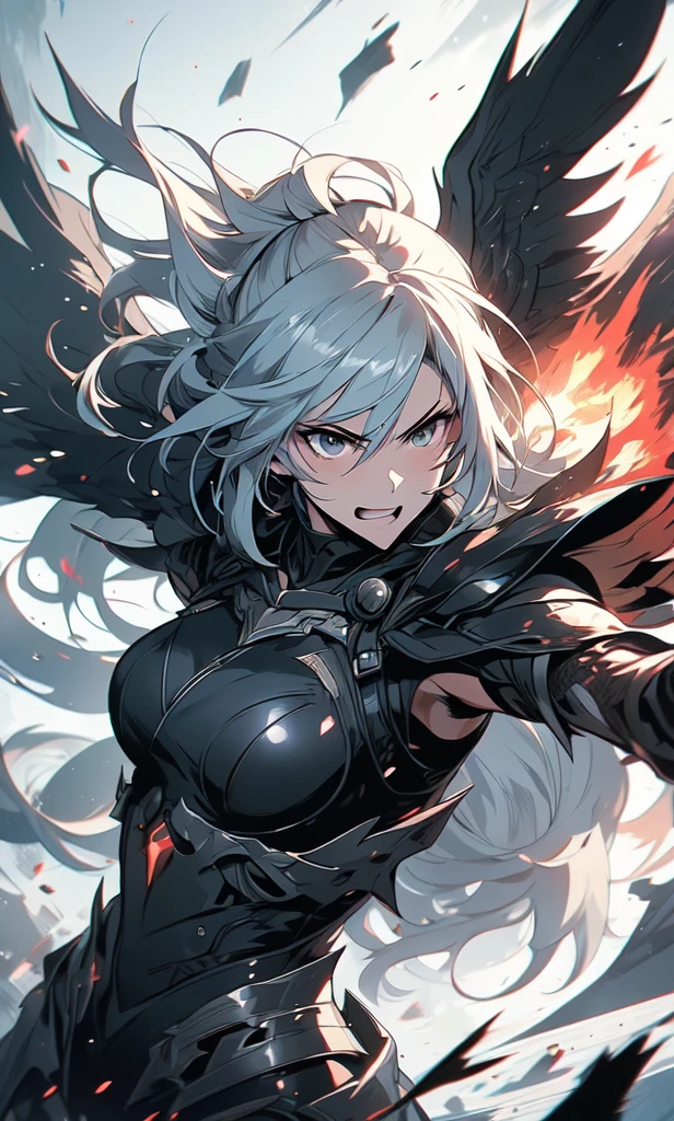 1girl, solo, anime, anime girl,((masterpiece)), HDR, 8k, photogenic, trending on artstation, ((ultra-detailed)), ((best quality)), ((intricate details)), white hair, black wings, from arknights, middle shot of a female anime hero, artgerm and atey ghailan, arknights, in combat, dynamic, dynamic pose, dynamic composition, attack, fate grand order, anime style like fate/stay night, senti, black eyes, white hair, poinytail, mature, (anger, tsurime:1.33), cursed armor, high tech armor, black armor, stealthtech ,scifi ,cutting edge , sleek angular, flames, destruction, world on fire, apocalyptic mass destruction