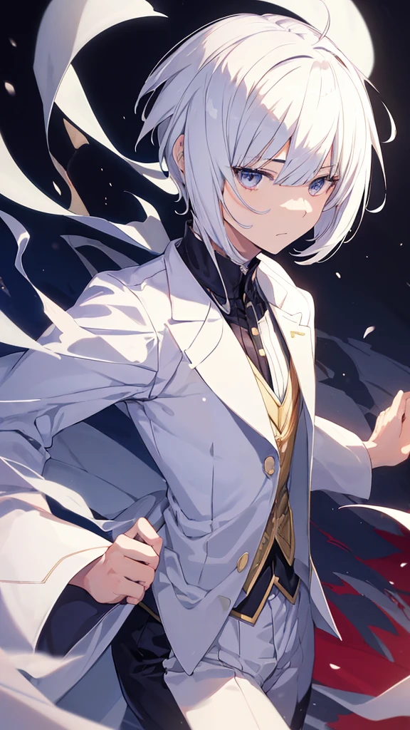 best quality,Japanese animation style adult male,short hair,white hair,((((Up-bang and parted into seven thirds)))),small eyes,slant eyes, white eyes, 
stern expression,Tailcoat combat specifications based on white,folding one's arms,castle room