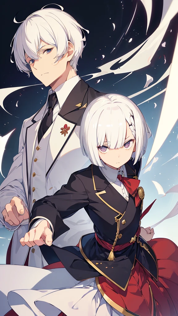 best quality,Japanese animation style adult male,short hair,white hair,((((Up-bang and parted into seven thirds)))),small eyes,slant eyes, white eyes, 
stern expression,Tailcoat combat specifications based on white,folding one's arms,castle room