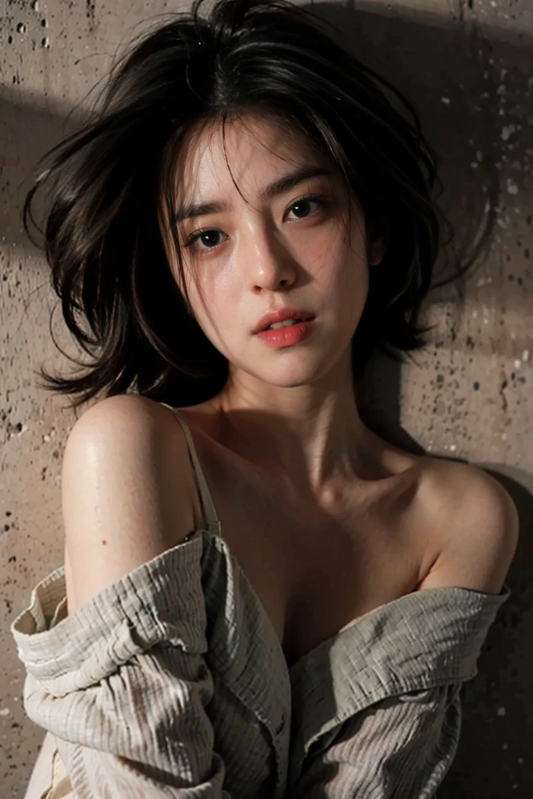 Best quality, masterpiece, ultra high res, (photorealistic:1.4), raw photo, 1girl, offshoulder, in the dark, deep shadow, low key, cold light, short hair, show armpit 