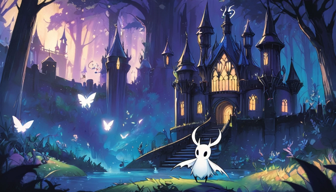 Cartoon image of a dark castle with a ghost in the middle, Hollow Knight concept art, portrait of Hollow Knight, Hollow Knight style, Hollow Knight, ( ( ( ( ( and Mumford ) ) ) ) ), the knight from Hollow Knight, Hollow Knight screenshot, el bosco and and Mumford, studio ghibli and and Mumford, hornet from Hollow Knight, Macbeth Poster.