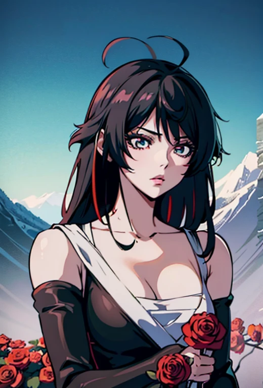 Anime-Mädchen mit langen schwarzen Haaren und einem weißen Kleid mit roten Rosen, stark, stark on pixiv artstation, Detaillierte digitale Anime-Kunst, schönes Anime-Mädchen, stark on artstation pixiv, 4K-Anime-Stil, Jugendliche, Schönes Anime-Bild, Detailliertes Bild eines Anime-Mädchens, schöne Anime-Frau, detaillierte Anime-Kunst