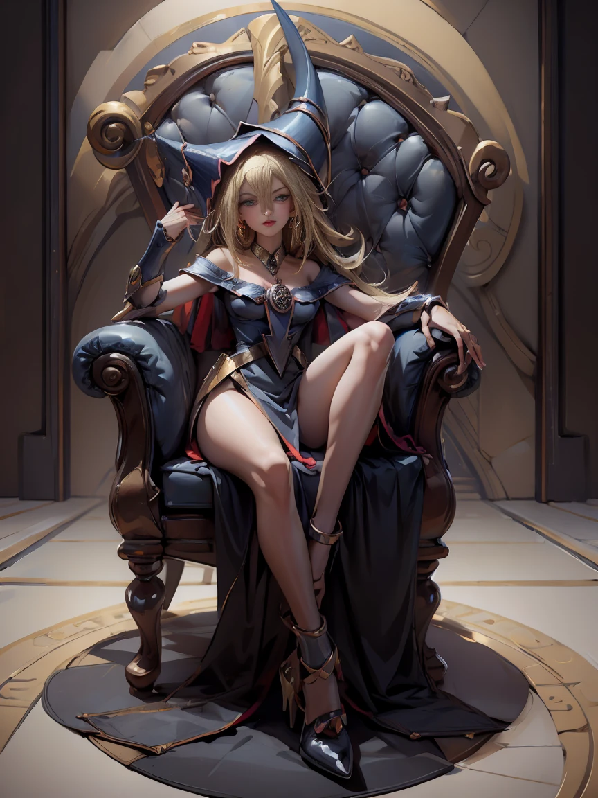 Gils dark magician with black gala dress. She wears red heels, has earrings. wear necklaces.  long blonde hair. Blue eyes. Red lips. Sensual and subjective pose.. She is sitting on a golden throne.