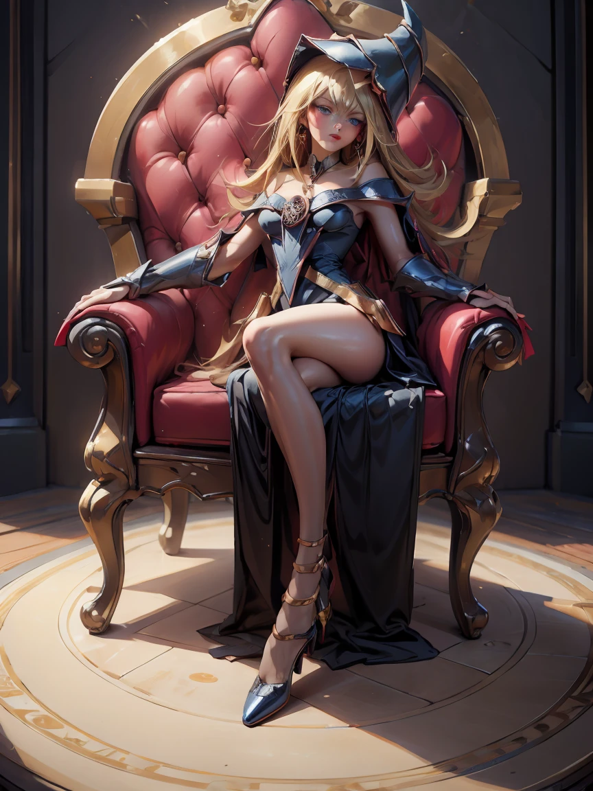 Gils dark magician with black gala dress. She wears red heels, has earrings. wear necklaces.  long blonde hair. Blue eyes. Red lips. Sensual and subjective pose.. She is sitting on a golden throne.