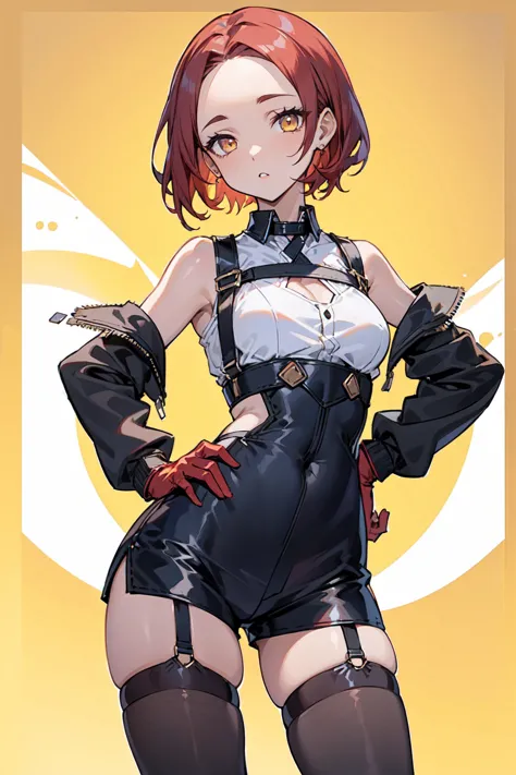 1girl, young woman, solo, short hair, Small  hair, (forehead:1.2), yellow eyes, sharp ocular posture, (scarlet red hair), light ...