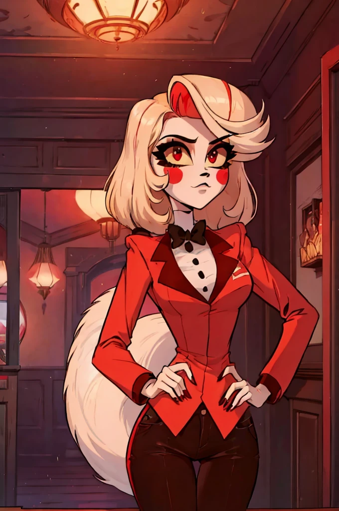 Solo female,Furry,Fox ,Red fox,Dark red feathers,Fox,Black fox ears with red tips,Red eyes with black skeral,Vintage style,Short hair ,with wavy dark red tips,A long jacket with a dark red collar,white shirt,With a clock on it black tie, black trousers, dark red fluffy fox tail,


