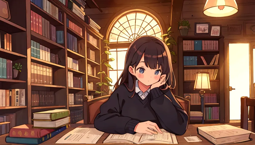 a cute girl studies alone in the library