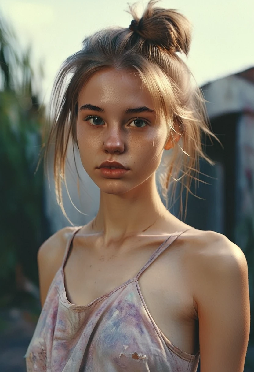 (Cinematic photo: 1.3) From (really: 1.3), (comfortable: 1.3) Beautiful 18 year old girl, (difficult messy bun of light brown hair), высокодеталFromированная текстура кожи, skinny shoulders, realistic texture кожи, looks straight into the camera, (looks at the viewer), pout, pastel, Shine, Dramatic, Dreamy, pastelный цветочный сад, Thin, skinny, gentle, Высокая деталFromация, difficult, digital painting, Fantasy theme,skinny , bare belly, Fantasy concept art , Fantasy Characters, Beautiful teenage girl, Perfect body, highly detailed full-length shot, Dreamy, pastel, watercolor, strange, gentle, highly detailed texture, realistic texture, digital painting, высокодеталFromированная фотография (art deco: 1.3), (ФотореалFromм: 1.3), (Классический реалFromм: 1.3), (Fujifilm Superia: 1.3), Natural, golden hour light