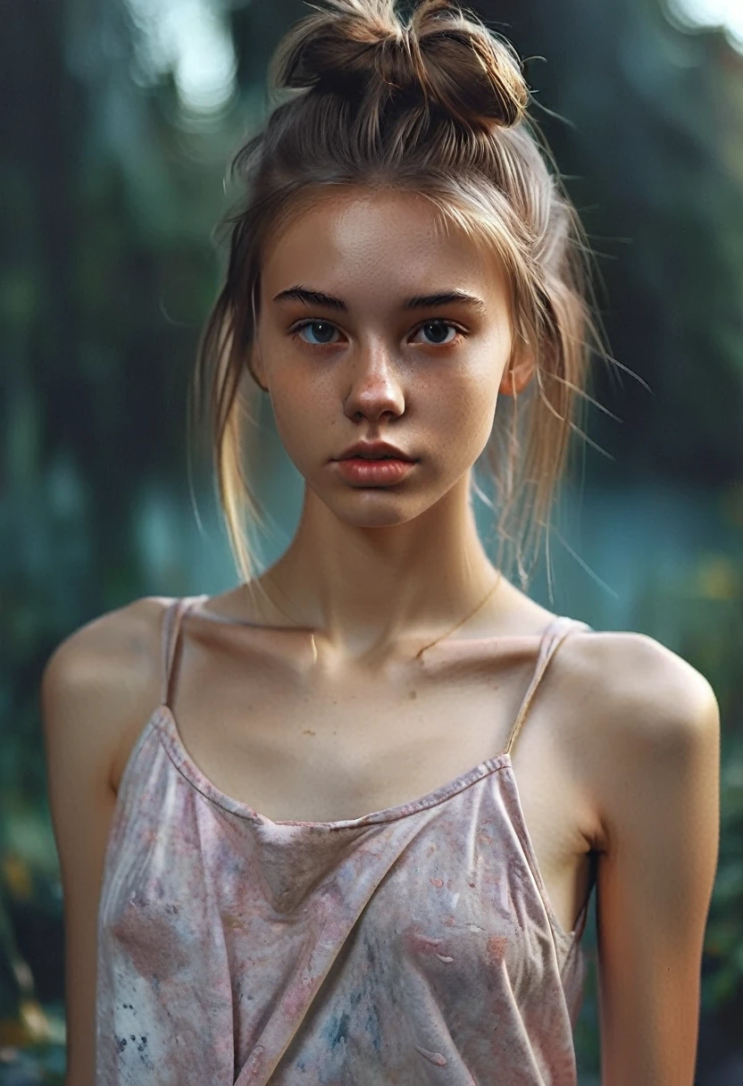 (Cinematic photo: 1.3) From (really: 1.3), (comfortable: 1.3) Beautiful 18 year old girl, (difficult messy bun of light brown hair), высокодеталFromированная текстура кожи, skinny shoulders, realistic texture кожи, looks straight into the camera, (looks at the viewer), pout, pastel, Shine, Dramatic, Dreamy, pastelный цветочный сад, Thin, skinny, gentle, Высокая деталFromация, difficult, digital painting, Fantasy theme,skinny , bare belly, Fantasy concept art , Fantasy Characters, Beautiful teenage girl, Perfect body, highly detailed full-length shot, Dreamy, pastel, watercolor, strange, gentle, highly detailed texture, realistic texture, digital painting, высокодеталFromированная фотография (art deco: 1.3), (ФотореалFromм: 1.3), (Классический реалFromм: 1.3), (Fujifilm Superia: 1.3), Natural, golden hour light