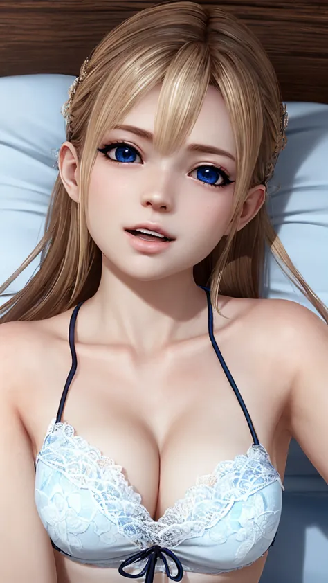 Super detailed、Particles of light:0.5、yukata、Beautiful cleavage、Sleeping lying on your back in bed、Beautiful Blue Eyeouth half o...