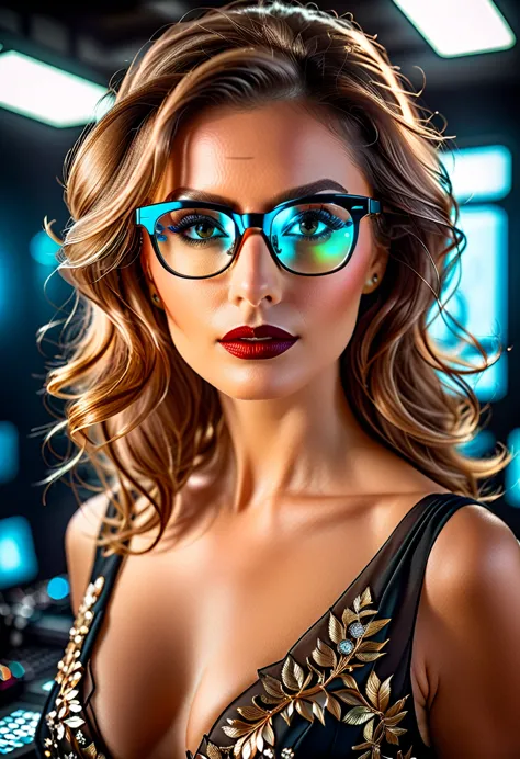 a facial portrait of a ((spy using glasses to take pictures)) working on a secret computer laboratory, an elegant, exquisite bea...