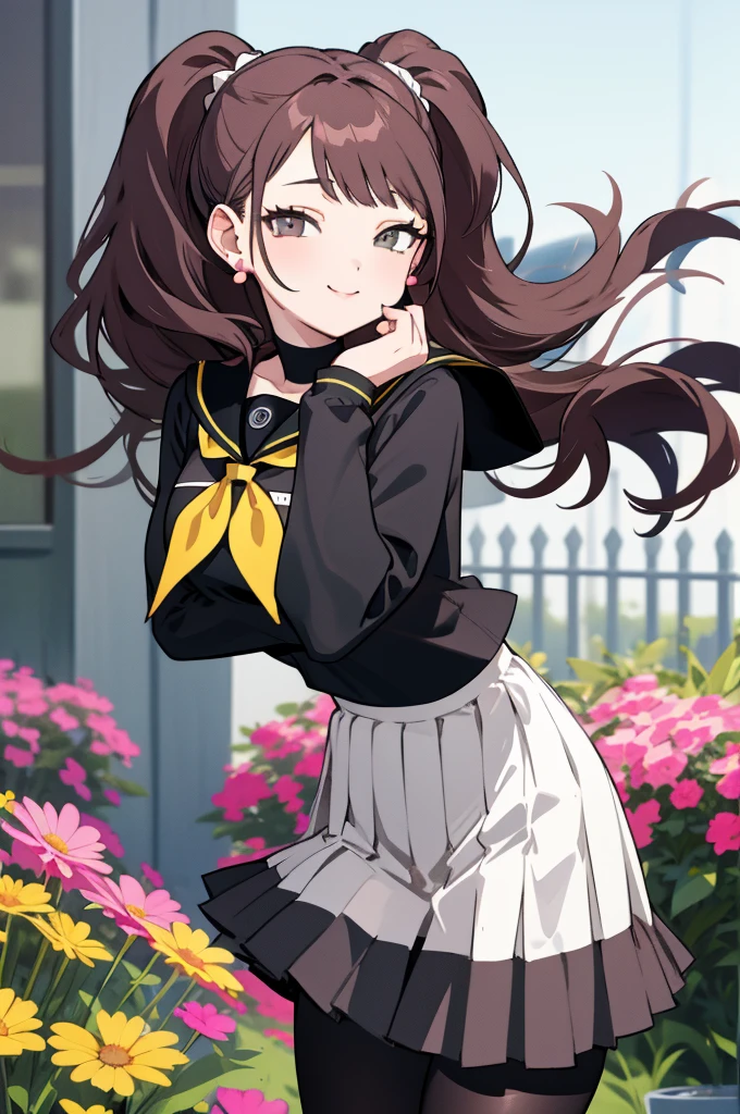 masterpiece, best quality, highres,
garden, flowers, cowboy shot, smile,
1girl, solo, looking at viewer, leaning leaning forward, hands arms behind back, 
kujikawarise, long hair, medium breasts, twintails, bangs, 
skirt, long sleeves, jewelry, , pleated skirt, earrings, serafuku, miniskirt, black skirt, sailor collar, neckerchief, turtleneck, yellow neckerchief, yasogami , pantyhose, black shirt, black uniform, white shirt,