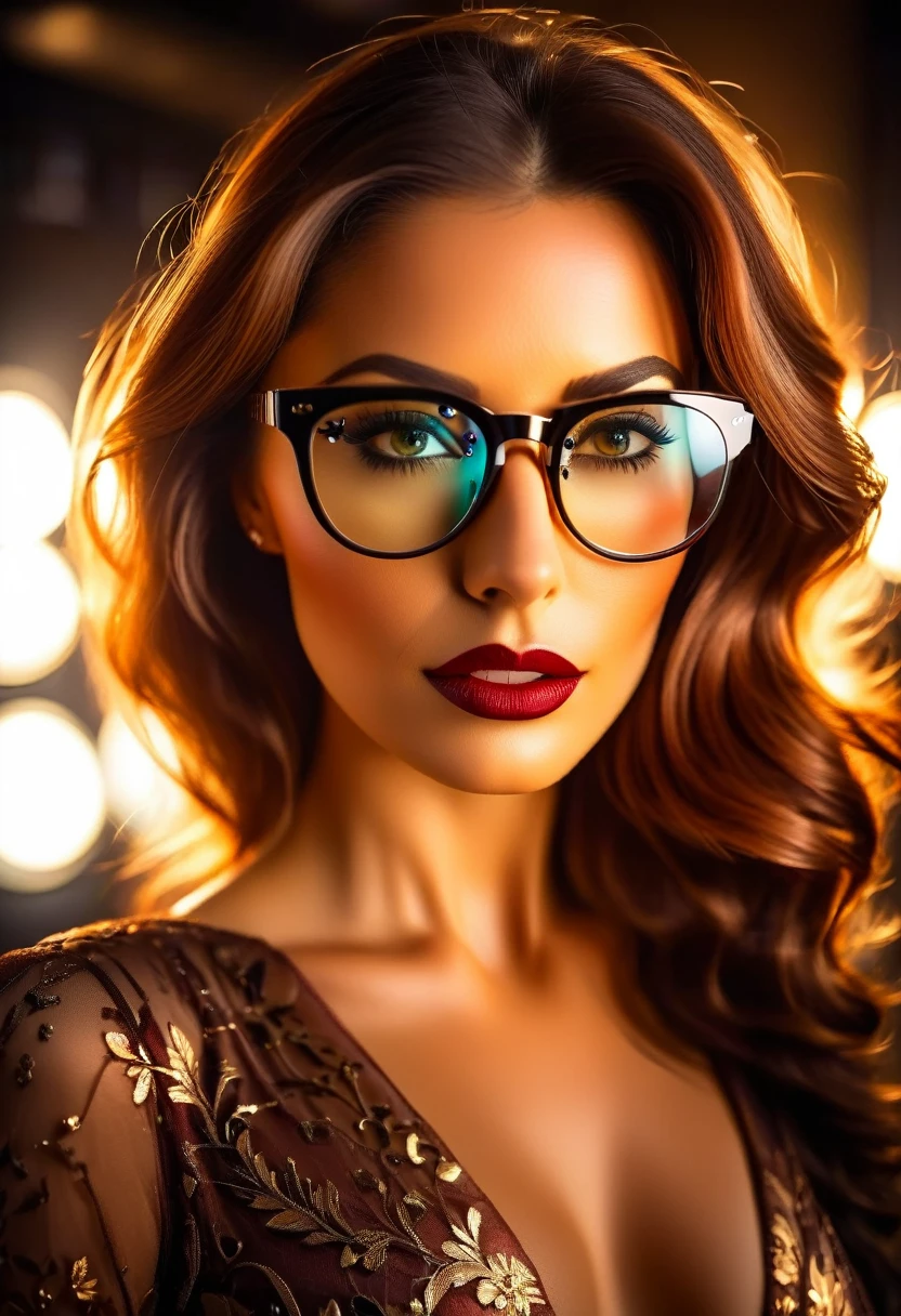 a facial portrait of a ((spy using glasses to take pictures)) working on a secret computer laboratory, an elegant, exquisite beautiful female spy, dynamic hair color, dynamic hair style, (wearing elegant intricate details glasses: 1.3), dynamic color glasses, dynamic style glasses, ((digital letter and numbers are mirrored on the glasses:1.6)), she wears an elegant, intricate detailed dress, silk dress , small cleavage, Vibrant, Ultra-high resolution, High Contrast, masterpiece:1.2, highest quality, Best aesthetics), best details, best quality, highres, ultra wide angle, 16k, [ultra detailed], masterpiece, best quality, (extremely detailed), Genetically modified..., Cinematic Hollywood Film, lens flare style