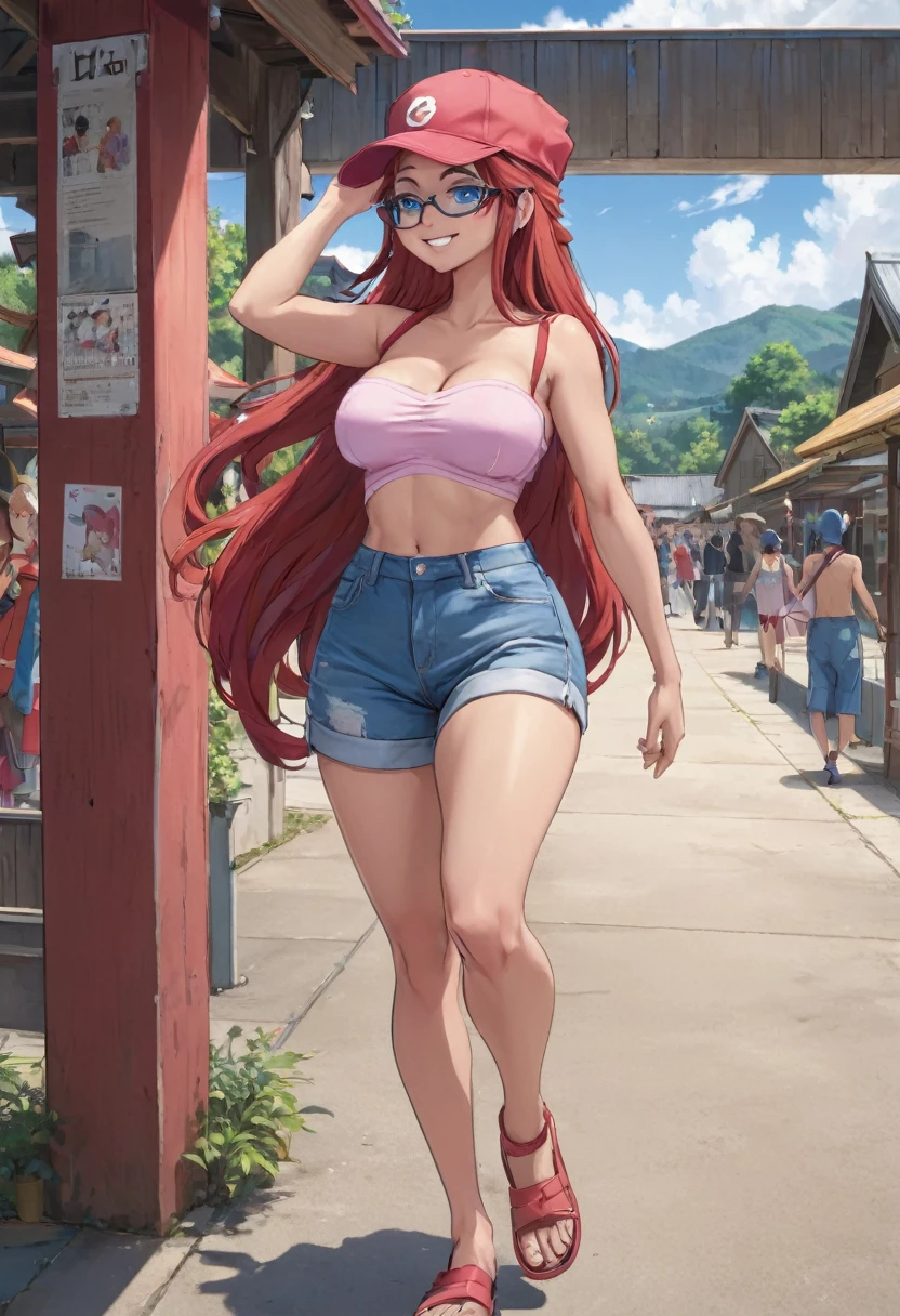 rustic, voluptuous, baby face, tanned, mature woman, blue eyes, long red hair, huge breasts, big ass, big glasses, red cap, pink strapless top, denim shorts, blue clogs, smiling, waving, walking in a recreation area, ecchi anime, Warashibe style, cinematic, dramatic, masterpiece, dynamic view, full body,