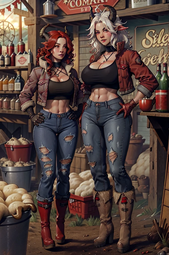 medium hair, multiple girls, sheep hair, wool hair, large breasts, red eyes,  navel, 2girls, cleavage, standing,sheep girl, jacket, full body, curly frizzy white hair, (combat gloves), red hair, boots, open clothes, horns, black gloves, midriff, pants, fingerless gloves, crop top, hand on hip, torn clothes, covered navel, abs, denim, red jacket, jeans, curled horns, goat horns, sheep horns, torn pants, sheep, 
(large breasts, thick thighs, thick hips, thin waist),
(((Farm, Farm city, Farm tavern))),
(beautiful detailed face, masterpiece, best quality),