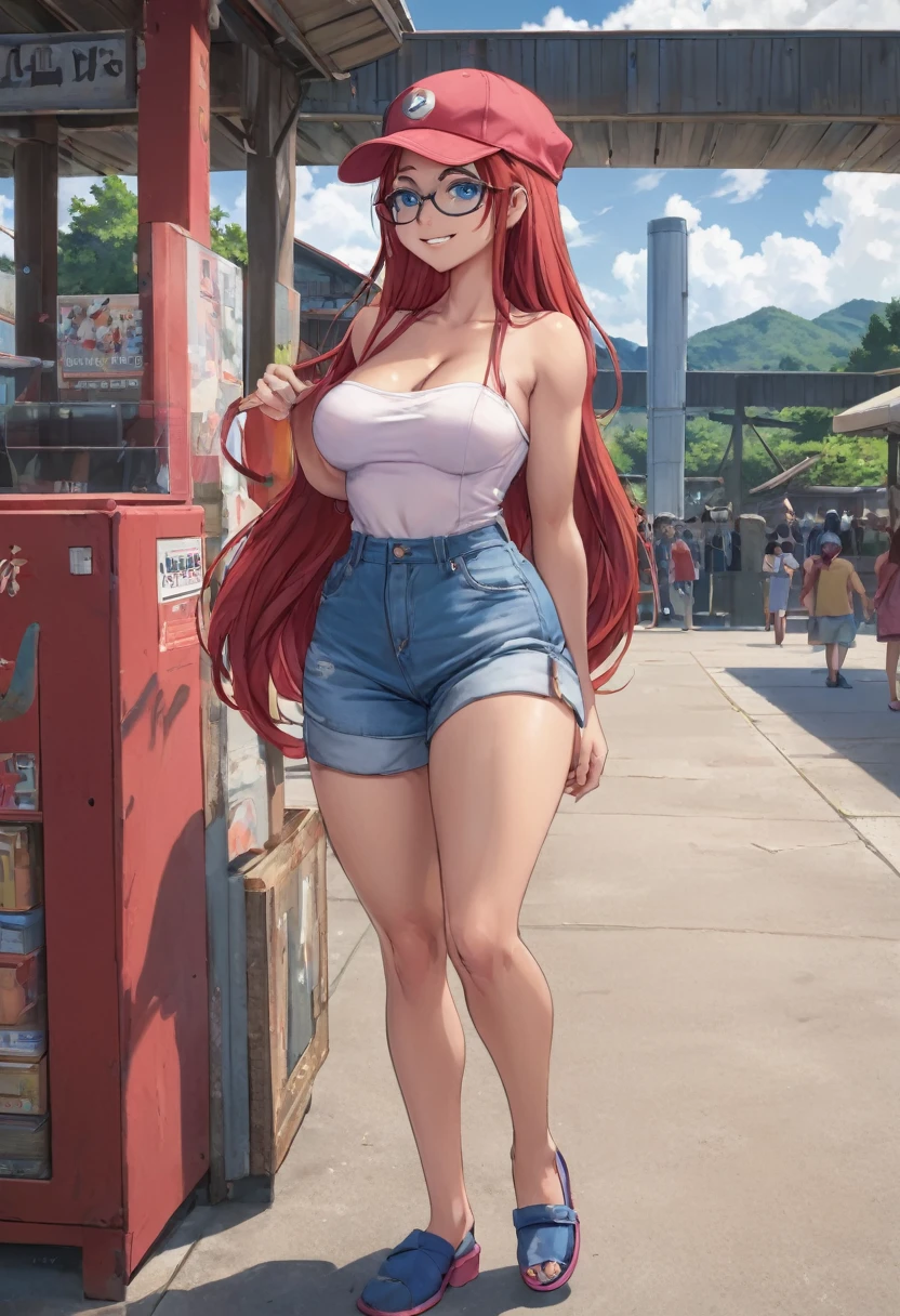 rustic, voluptuous, baby face, tanned, mature woman, blue eyes, long red hair, huge breasts, big ass, big glasses, red cap, pink strapless top, denim shorts, blue clogs, smiling, standing in a recreation area, ecchi anime, Warashibe style, cinematic, dramatic, masterpiece, dynamic back view, full body,