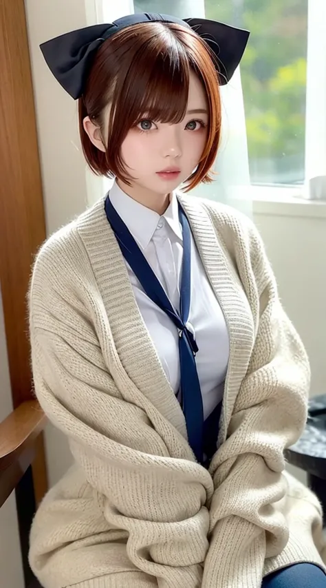1 Japan model, Hair Model, Unique hair details, Gradient Ribbon Printed Zipper Knitted Cardigan, double eyelid, Very short hair