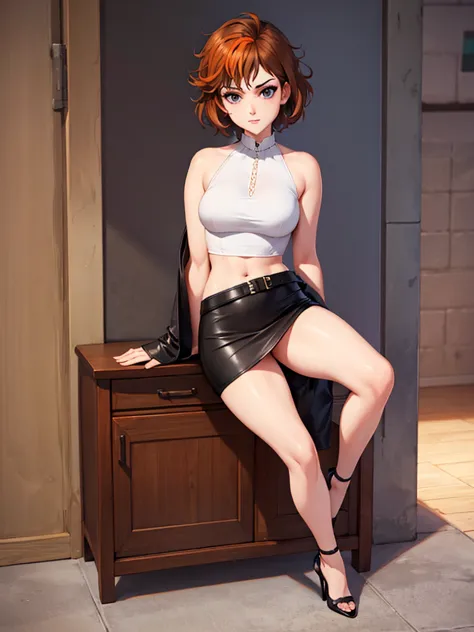 merula, high heels, tonified legs, leather mini skirt, full body, thighs, top, belly