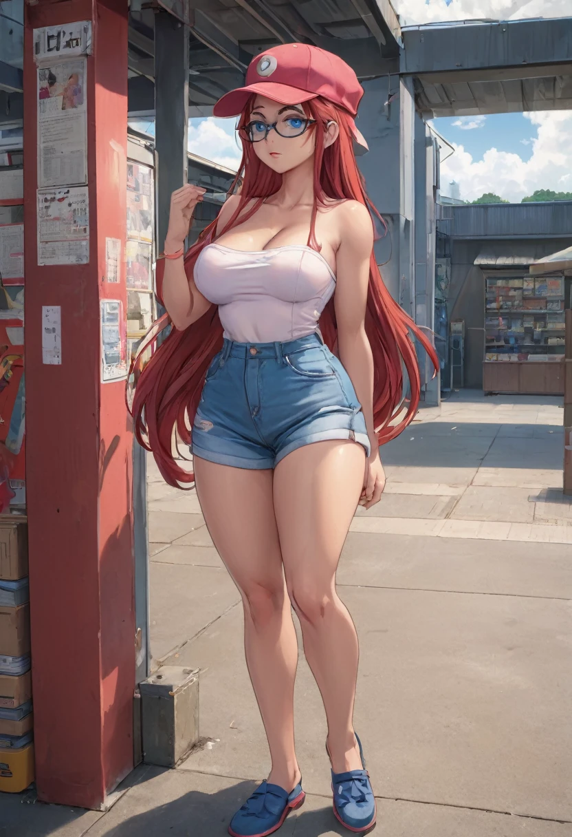 rustic, voluptuous, baby face, tanned, mature woman, blue eyes, long red hair, huge breasts, big ass, big glasses, red cap, pink strapless top, denim shorts, blue clogs, surprised gaze, standing in a recreation area, ecchi anime, Warashibe style, cinematic, dramatic, masterpiece, POV, dynamic back view, full body,