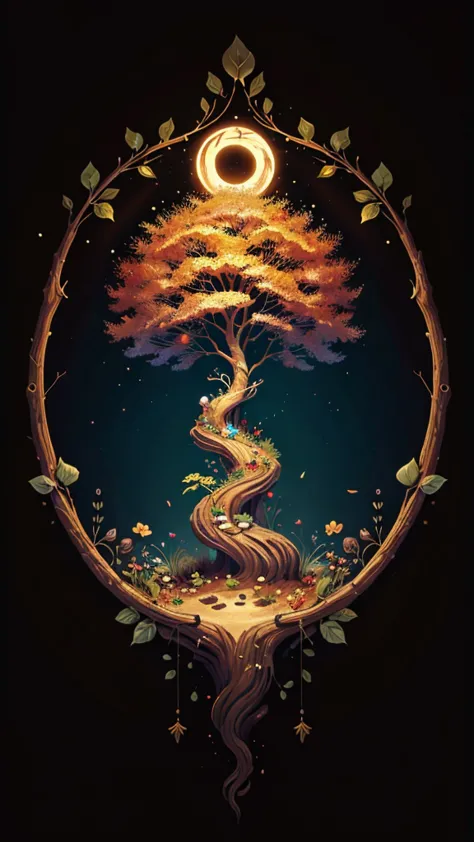 circular tree,four seasons,spring,summer,autumn,winter,leaves,roots,branches,trunk,ornate border,decorative,digital illustration...