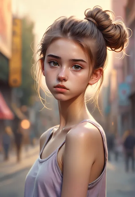 (Cinematic photo: 1.3) From (really: 1.3), (comfortable: 1.3) Beautiful 18 year old girl, (difficult messy bun of light brown ha...