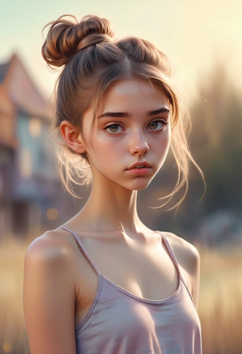 (Cinematic photo: 1.3) From (really: 1.3), (comfortable: 1.3) Beautiful 18 year old girl, (difficult messy bun of light brown hair), высокодеталFromированная текстура кожи, skinny shoulders, realistic texture кожи, looks straight into the camera, (looks at the viewer), pout, pastel, Shine, Dramatic, Dreamy, pastelный цветочный сад, Thin, skinny, gentle, Высокая деталFromация, difficult, digital painting, Fantasy theme,skinny , bare belly, Fantasy concept art , Fantasy Characters, Beautiful teenage girl, Perfect body, highly detailed full-length shot, Dreamy, pastel, watercolor, strange, gentle, highly detailed texture, realistic texture, digital painting, высокодеталFromированная фотография (art deco: 1.3), (ФотореалFromм: 1.3), (Классический реалFromм: 1.3), (Fujifilm Superia: 1.3), Natural, golden hour light