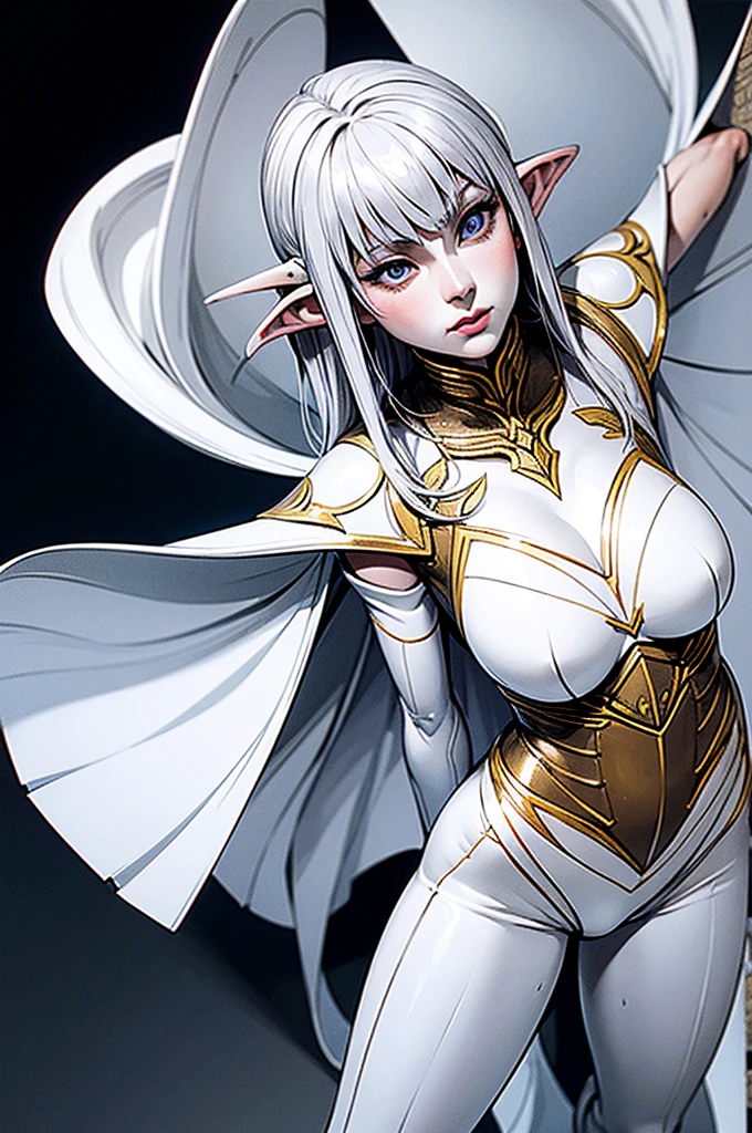 female noble Elf, full body art, silver hair, white skin, saphire eye, knight full plate adorned armor, white cape, perfectly detailed body.