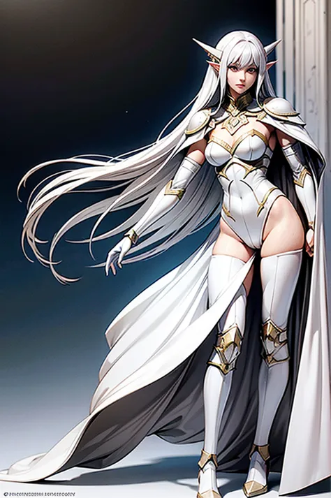 female noble elf, full body art, silver hair, white skin, saphire eye, knight full plate adorned armor, white cape, perfectly de...