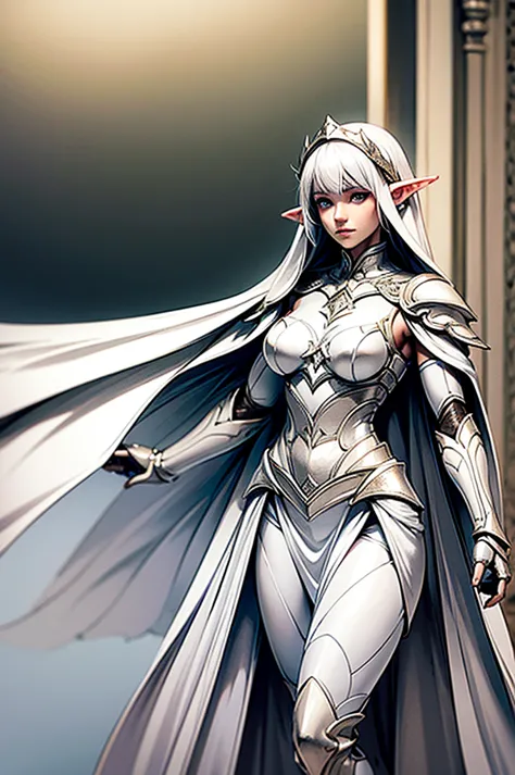 female noble elf, full body art, silver hair, white skin, saphire eye, knight full plate adorned armor, white cape, perfectly de...