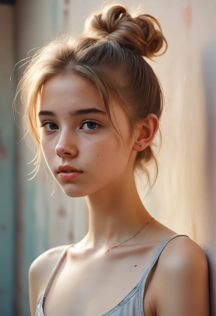 (Cinematic photo: 1.3) From (really: 1.3), (comfortable: 1.3) Beautiful 18 year old girl, (difficult messy bun of light brown hair), высокодеталFromированная текстура кожи, skinny shoulders, realistic texture кожи, looks straight into the camera, (looks at the viewer), pout, pastel, Shine, Dramatic, Dreamy, pastelный цветочный сад, Thin, skinny, gentle, Высокая деталFromация, difficult, digital painting, Fantasy theme,skinny , bare belly, Fantasy concept art , Fantasy Characters, Beautiful teenage girl, Perfect body, highly detailed full-length shot, Dreamy, pastel, watercolor, strange, gentle, highly detailed texture, realistic texture, digital painting, высокодеталFromированная фотография (art deco: 1.3), (ФотореалFromм: 1.3), (Классический реалFromм: 1.3), (Fujifilm Superia: 1.3), Natural, golden hour light