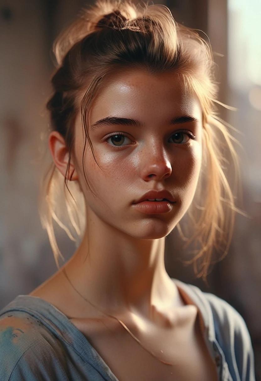 (Cinematic photo: 1.3) From (really: 1.3), (comfortable: 1.3) Beautiful 18 year old girl, (difficult messy bun of light brown hair), высокодеталFromированная текстура кожи, skinny shoulders, realistic texture кожи, looks straight into the camera, (looks at the viewer), pout, pastel, Shine, Dramatic, Dreamy, pastelный цветочный сад, Thin, skinny, gentle, Высокая деталFromация, difficult, digital painting, Fantasy theme,skinny , bare belly, Fantasy concept art , Fantasy Characters, Beautiful teenage girl, Perfect body, highly detailed full-length shot, Dreamy, pastel, watercolor, strange, gentle, highly detailed texture, realistic texture, digital painting, высокодеталFromированная фотография (art deco: 1.3), (ФотореалFromм: 1.3), (Классический реалFromм: 1.3), (Fujifilm Superia: 1.3), Natural, golden hour light