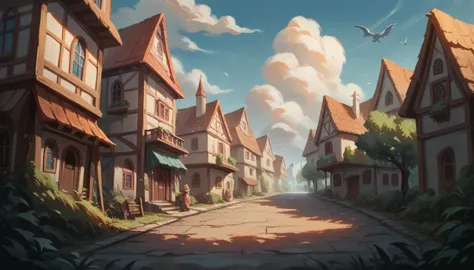 Create an image of a street full of houses and trees making a vanishing point in the style of a Disney cartoon, an ultra-realist...