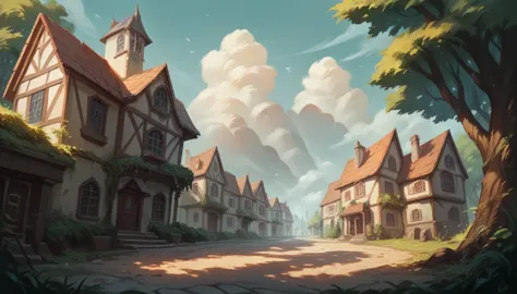Create an image of a street full of houses and trees making a vanishing point in the style of a Disney cartoon, an ultra-realist...