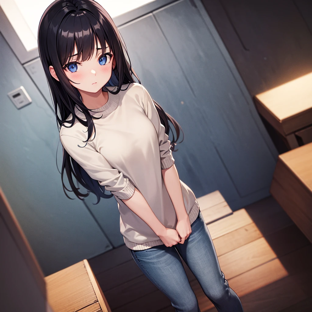 (masterpiece), (high resolution 8K), professional illustration, 1 girl, late teenage, standing, running, wave hand, long shot, dutch angle, sweater, jeans, , long hair, black hair, blush, looking away, inside the room, beautiful starry sky, night, side lighting, soft lighting, high contrast, professional lighting, deep focus, stunning face,  symmetrical clear eyes, detailed eyes and face, shiny skin