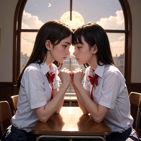 (masterpiece, best quality), perfect anatomy, perfect hands, two school girls are deeply in love with each other, romantic atmos...